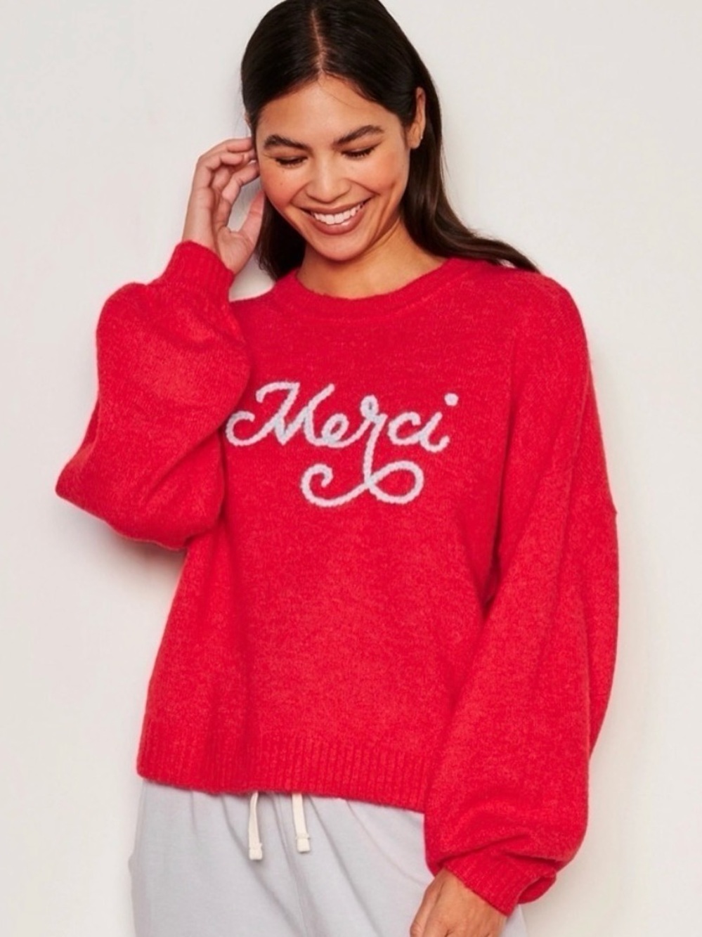 Anthropologie Red 'Merci' Cozy Crewneck Sweater